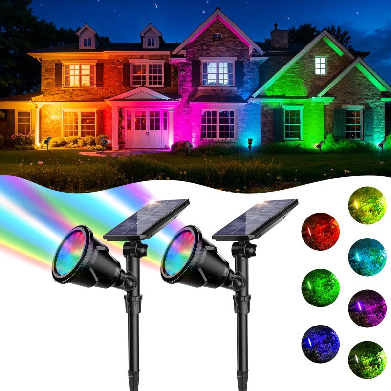 ROSHWEY Solar Spot Lights Outdoor, 7 Colors Halloween Christmas Outdoor Lights Waterproof Landscape Light 600LM Solar Spotlight Lighting for House Backyard Pool Patio Garden Decor- 2 Pack - Image 1
